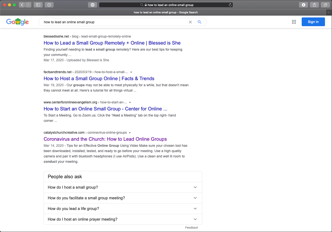 Google search results of the query "how to lead an online small group".